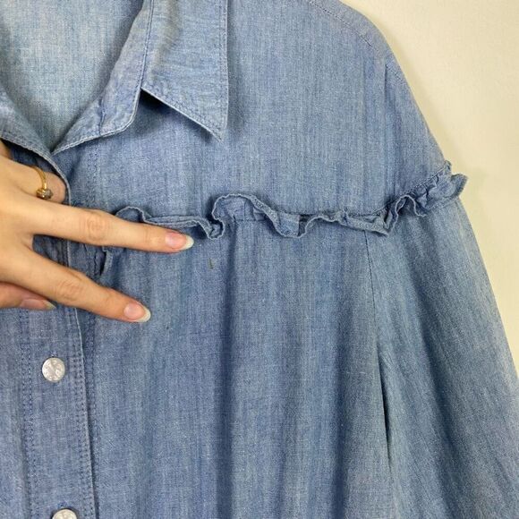 Vintage Liz Claiborne Light Wash Denim Ruffle Trim Long Sleeve A Line Dress 14 - Picture 3 of 7